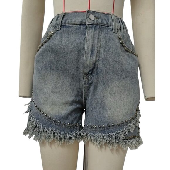 Women Studded Denim Shorts Size M High Elastic Waist Decorated Studs Frayed Hem - Picture 3 of 12